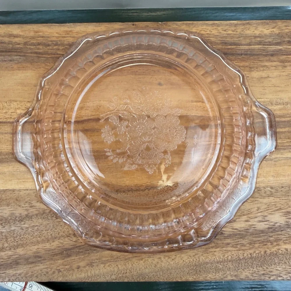 Anchor Hocking Mayfair Open Rose Pink Depression Glass Bowl Tab Handles 9.5